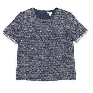 J.Crew Tweed Fringe Trim Short Sleeve Top Navy Blue Women XXS